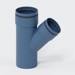 Blaue PVC-Y-Rohrverschraubung mit einer vertikalen Öffnung und einem abgewinkelten Abzweig auf weißem Hintergrund.