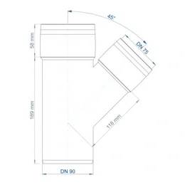 Technisches Schaubild einer 45°-Rohrverbindung/Abzweigung, das ein DN 90-Hauptrohr, eine DN 75-Seitenverzweigung und die Abmessungen 58 mm, 108 mm und 118 mm zeigt.