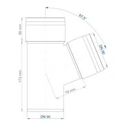 Technisches Schaubild einer Y-förmigen Rohrverschraubung mit Abmessungen: Hauptvertikalbereich DN 90, Seitenzweig im Winkel von 67,5°, gekennzeichnet mit 173 mm, 89 mm und 79 mm.