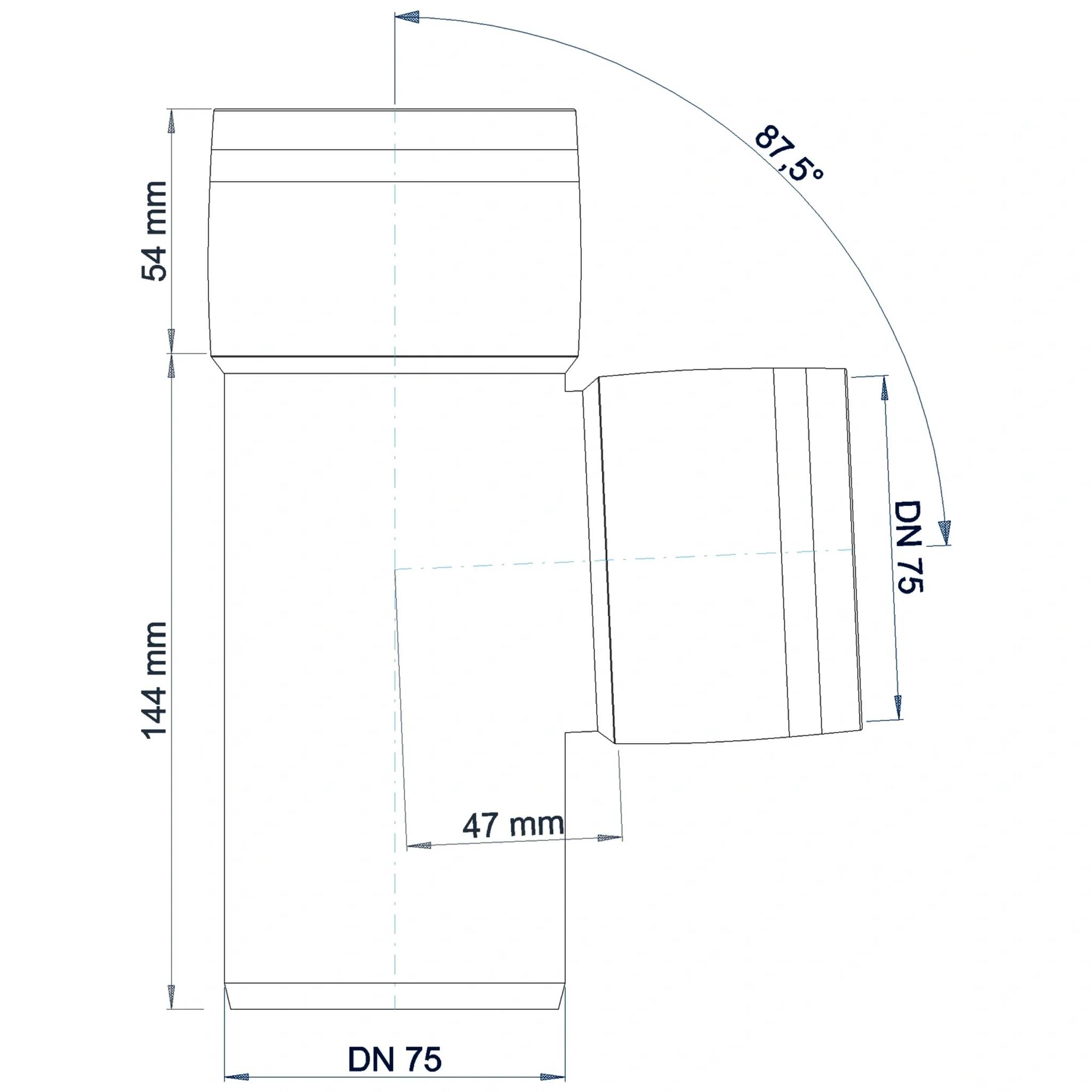 Technische Zeichnung einer Rohrverschraubung T-Stück mit DN 75-Anschlüssen, zeigt Abmessungen 54 mm, 144 mm, 47 mm und Winkel 87,5°.