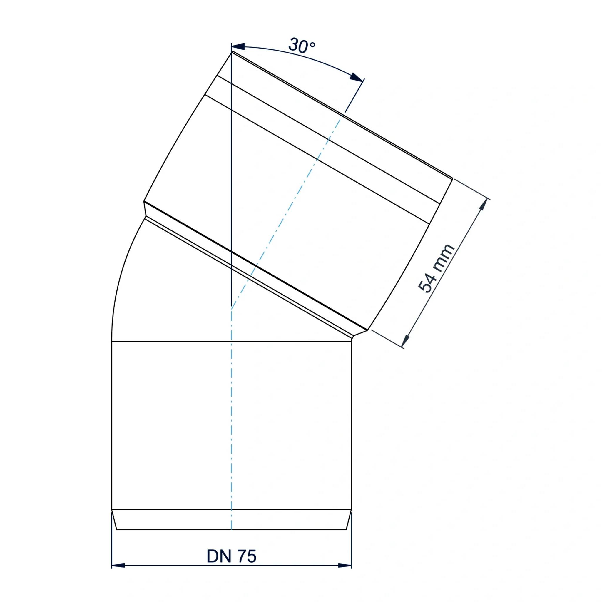 Technisches Diagramm eines 30°-Rohrbogenfittings, bezeichnet mit DN 75 und 54 mm, zeigt die Abmessungen des Fittings und die Biegegeometrie.