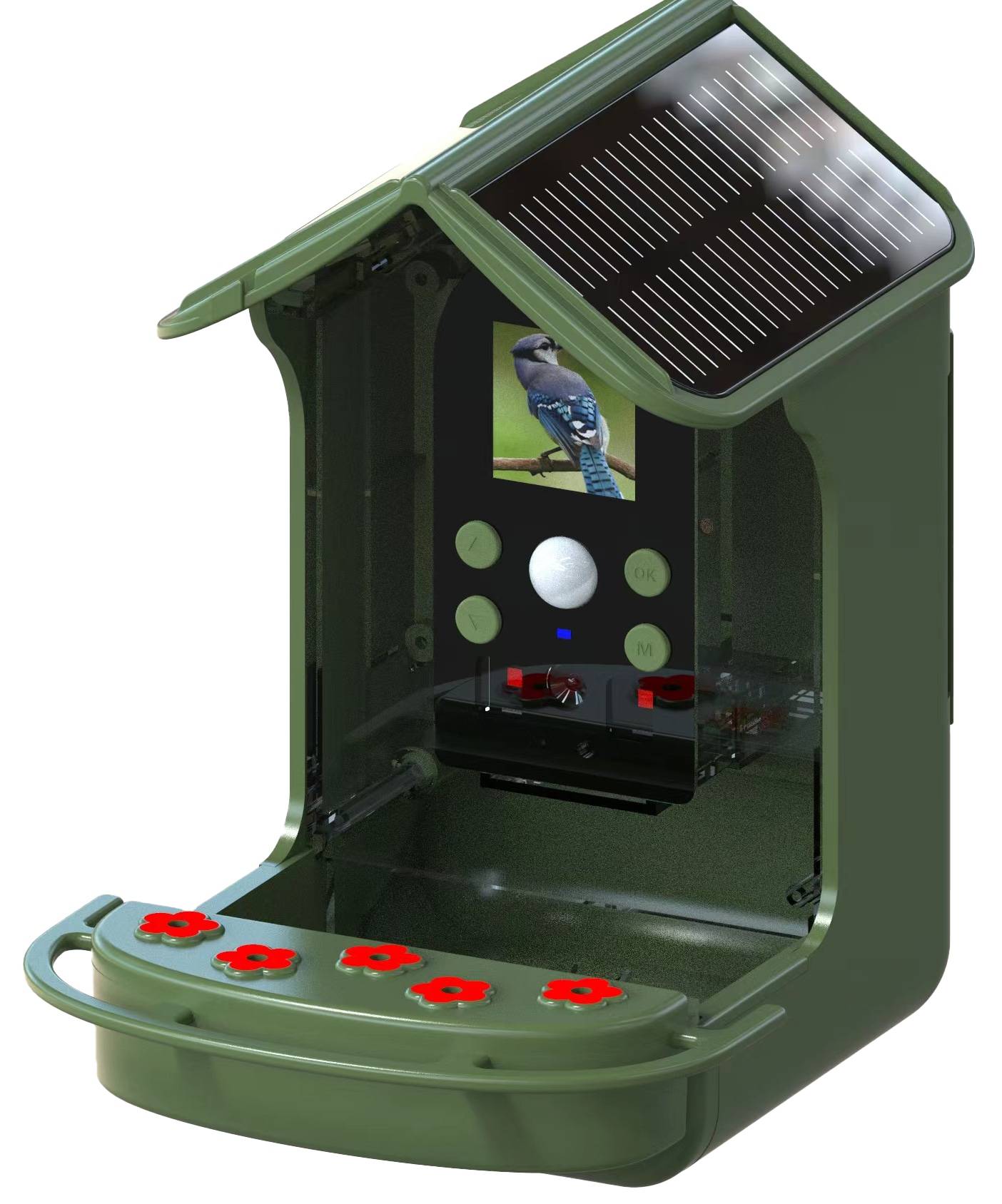 Grüner Vogelfutterspender mit Solarpanel-Dach, Bilddisplay und Tasten. Entwickelt, um Vögel anzulocken und zu beobachten und dabei Solarenergie zu nutzen.
