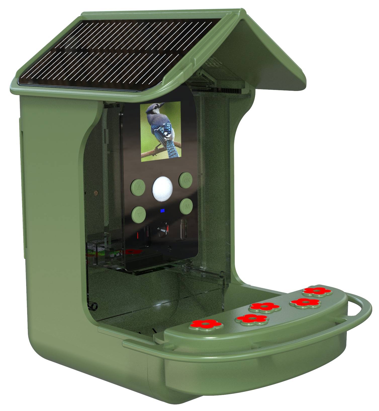 Ein grünes Vogelhäuschen mit Solarpanel-Dach, Kamera und roten Futterstellen. Ein Bildschirm zeigt einen Vogel. Entwickelt zum Beobachten und Füttern von Vögeln.