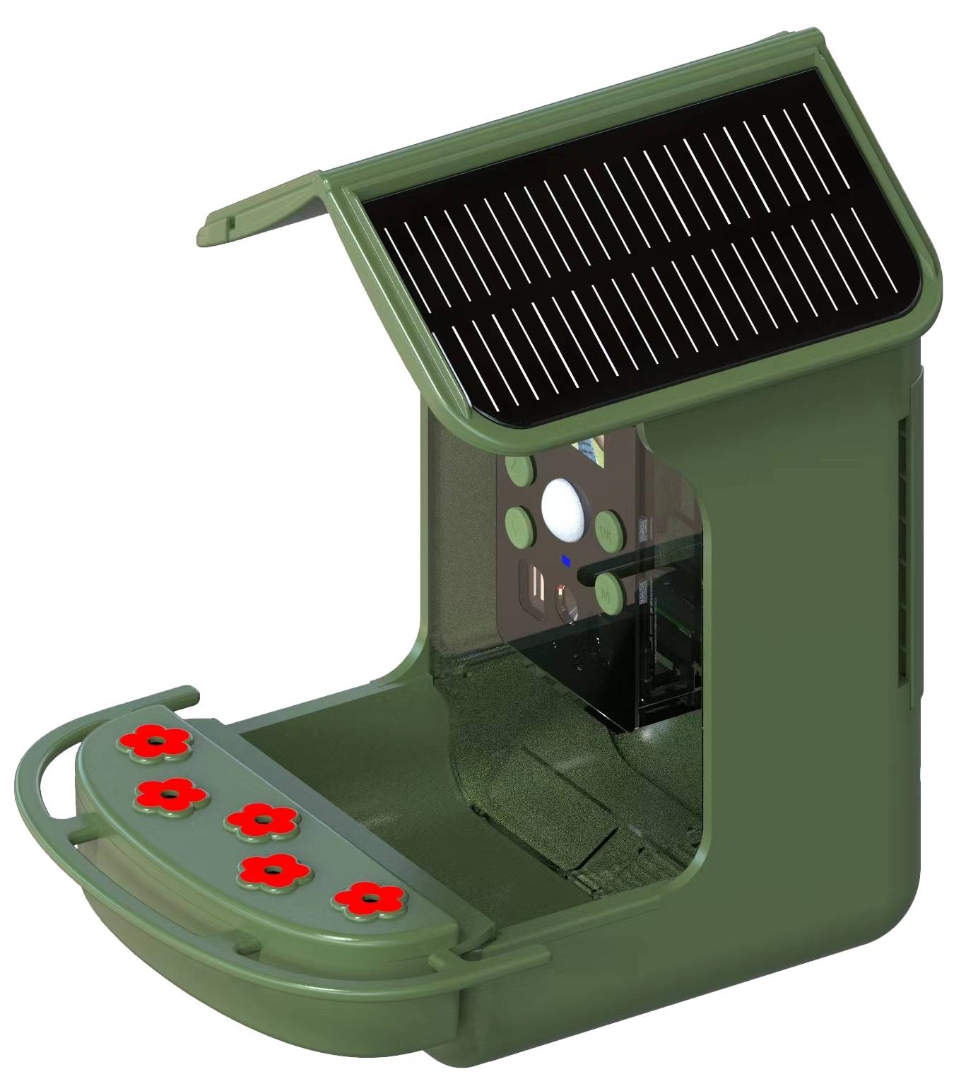 Ein grünes Bewässerungskontrollgerät mit einem Solarpanel auf der Oberseite, ausgestattet mit einem Displaybildschirm und roten Ventilsteuerungen für effizientes Wassermanagement.