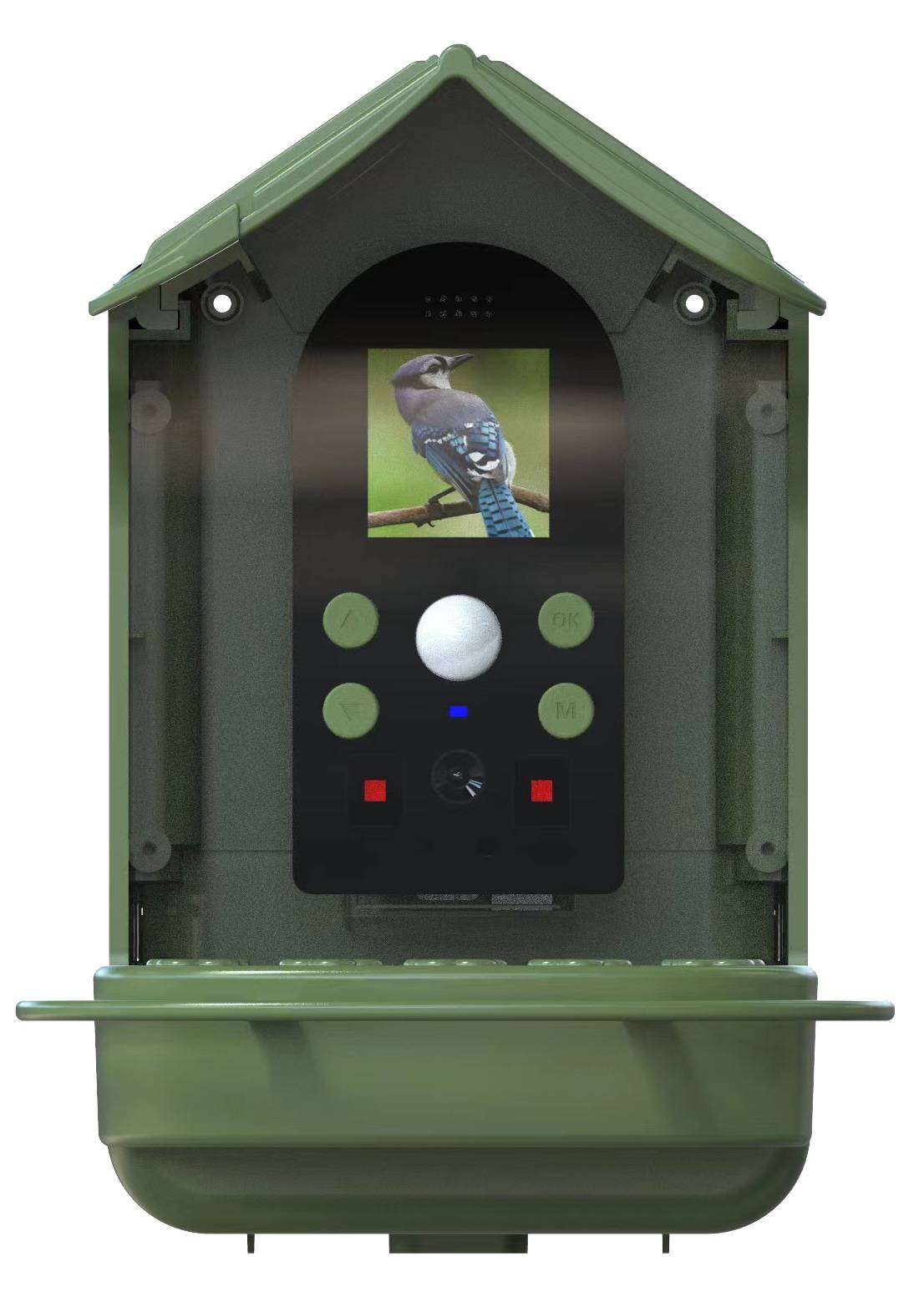 Eine grüne Vogelhausskamera mit einem Bildschirm, der einen Vogel auf einem Ast zeigt, mit Bedienungstasten.