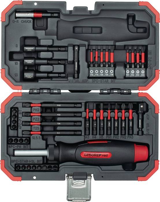 Ein Werkzeugset in einem rot-schwarzen Etui mit verschiedenen Schraubendrehen-Einsätzen, darunter Torx und Kreuzschlitz, in Fächern organisiert und mit einem Griff versehen.