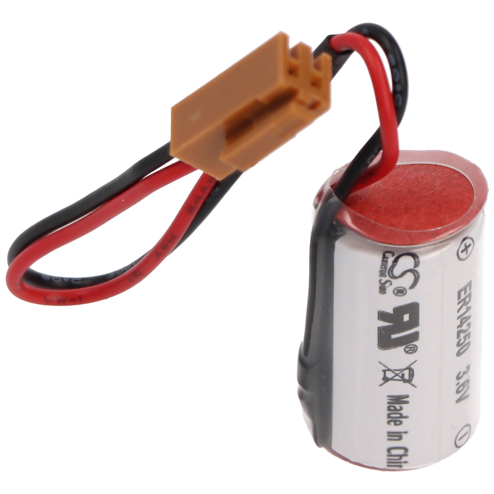 Kleine zylindrische Batterie mit roten und schwarzen Drähten und angeschlossenem Steckverbinder.