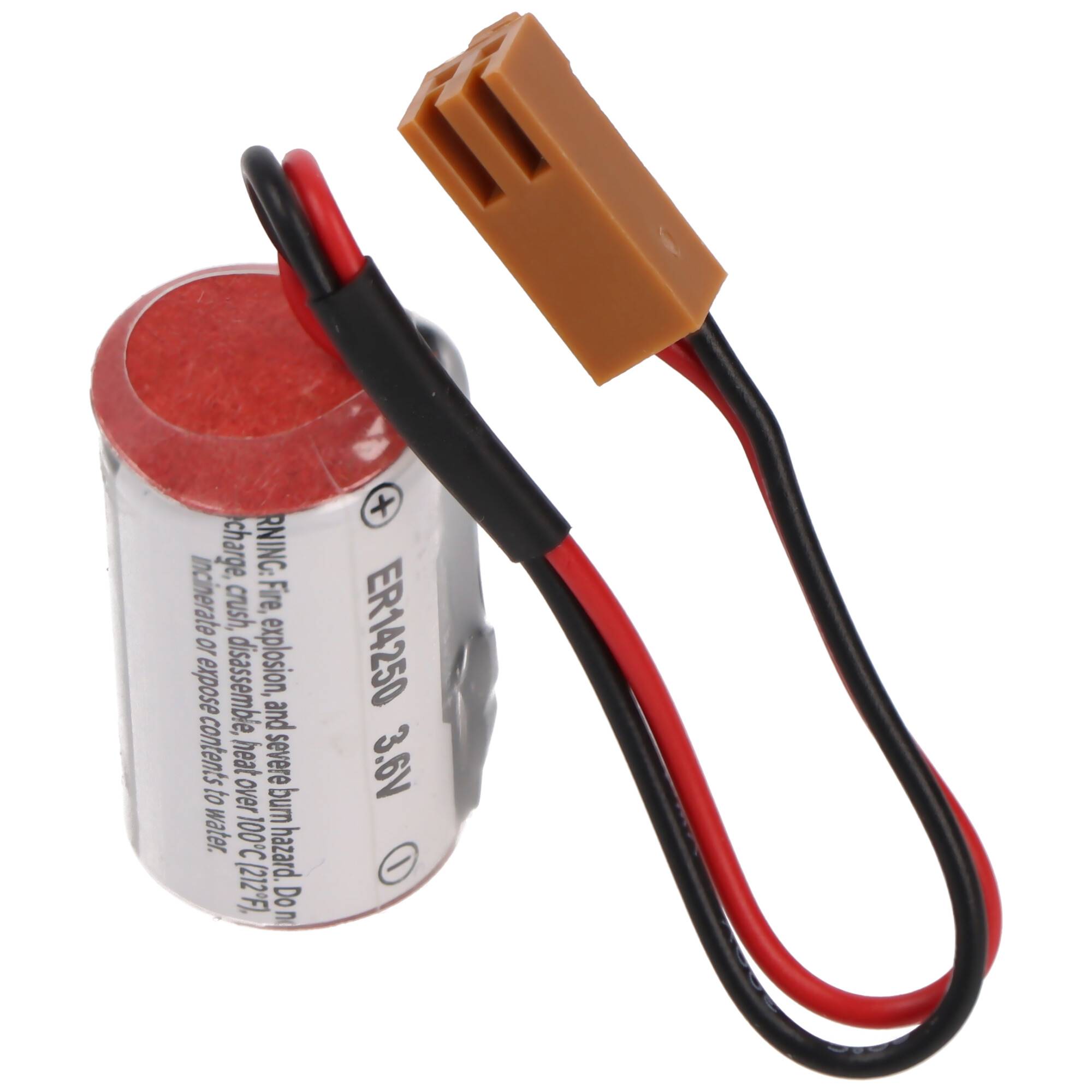 Zylindrisches 3,6V Batteriepack mit roten und schwarzen Drähten, die in einem braunen Stecker enden.