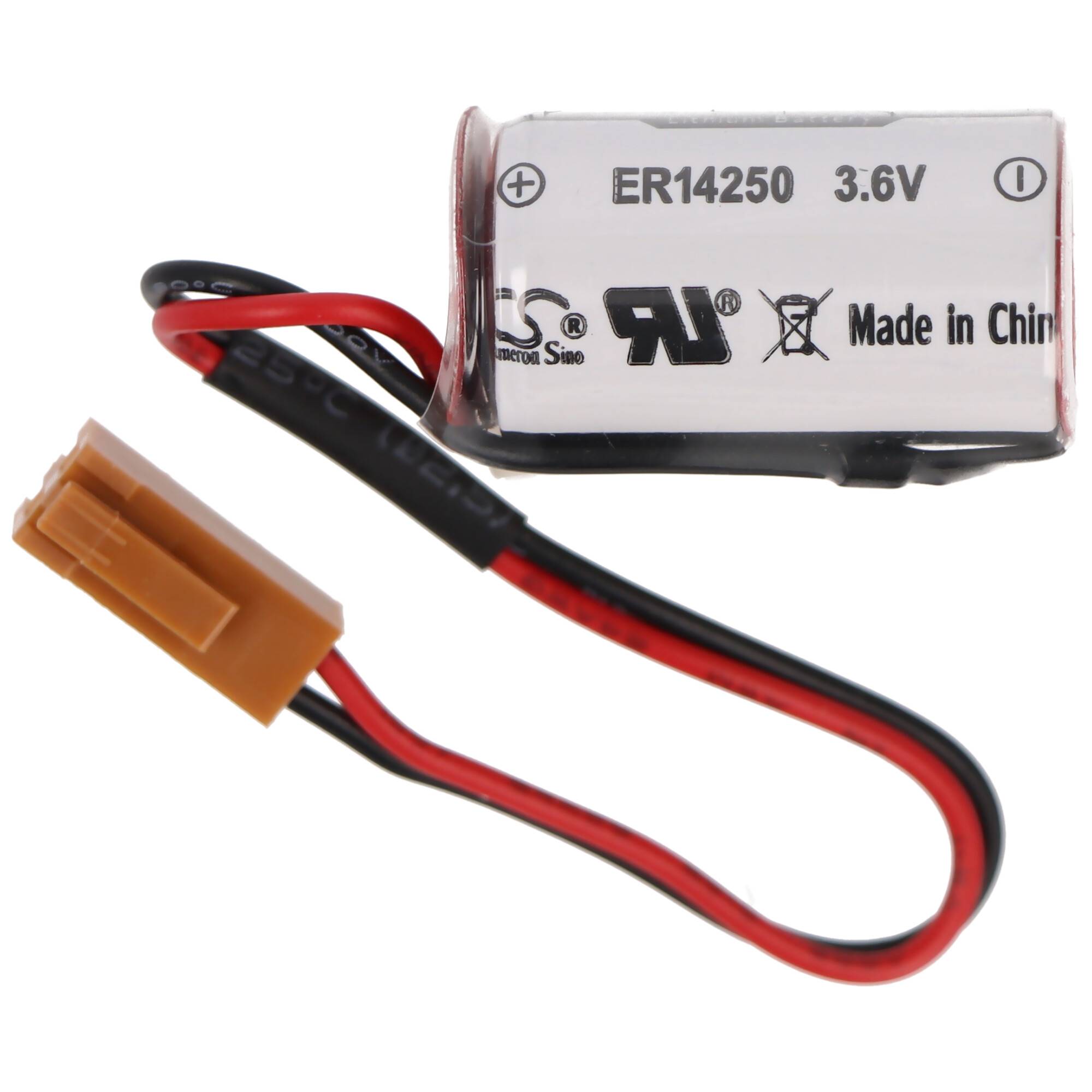 Kleine 3,6-V-ER14250-Batterie mit roten und schwarzen Leitungsdrähten, die in einem braunen Stecker auf weißem Hintergrund enden.
