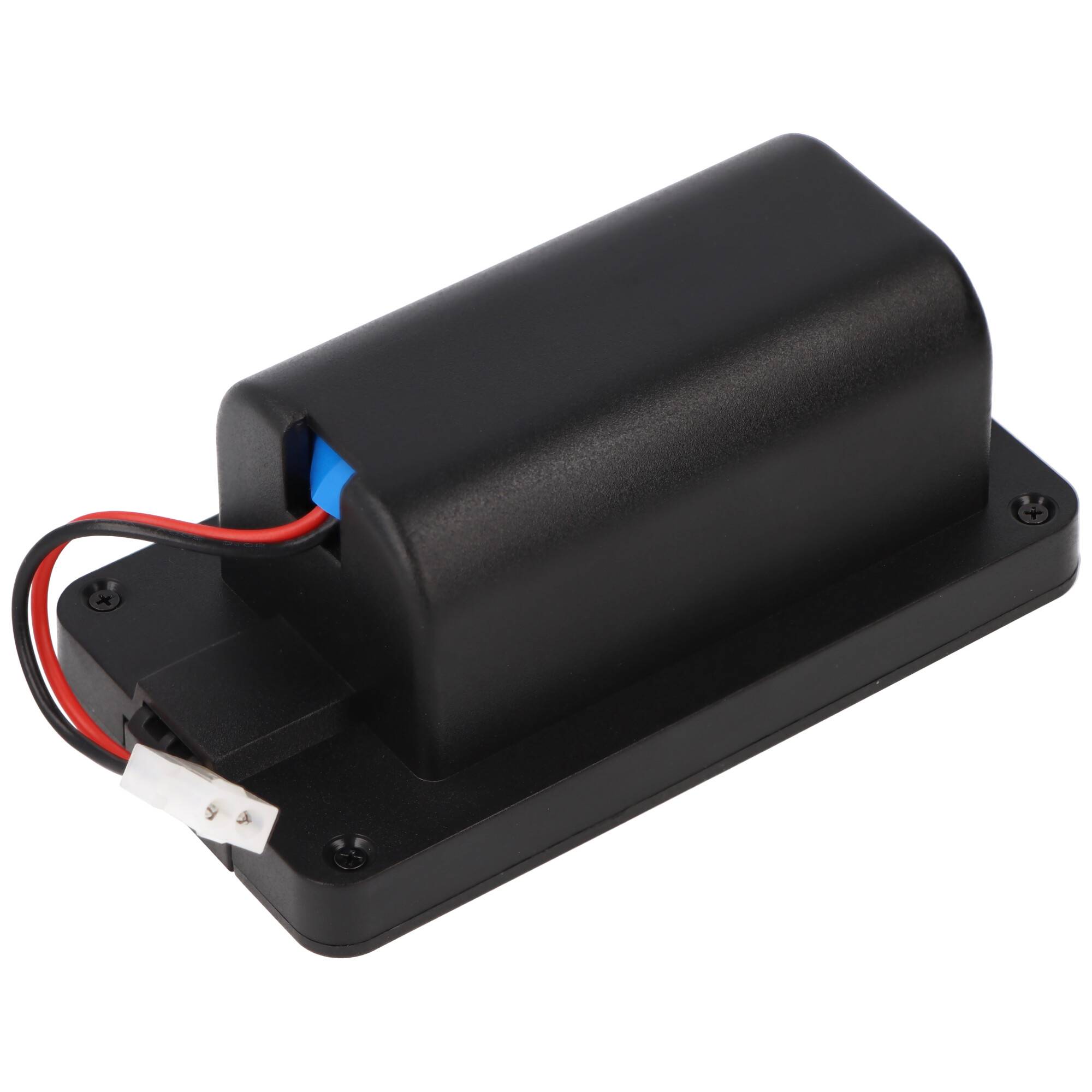 Schwarzes rechteckiges Batteriepanel mit roten und schwarzen Drähten und einem weißen Stecker auf einer Montagebasis.