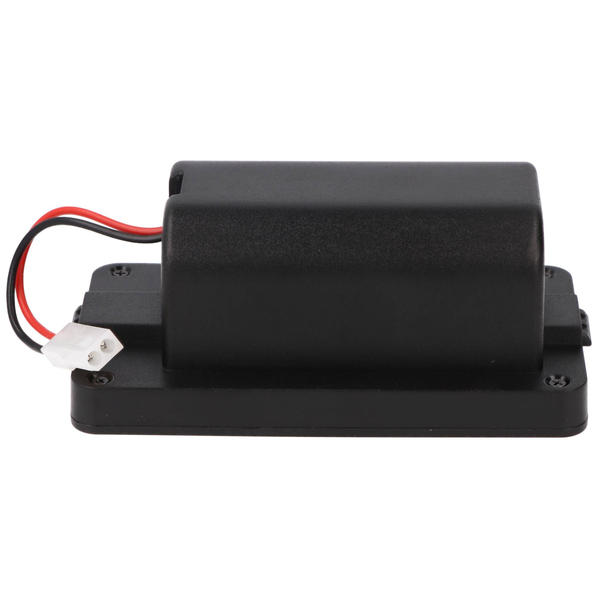 Schwarze rechteckige elektronische Komponente mit roten und schwarzen Drähten und einem weißen Stecker auf einer Montagebasis.