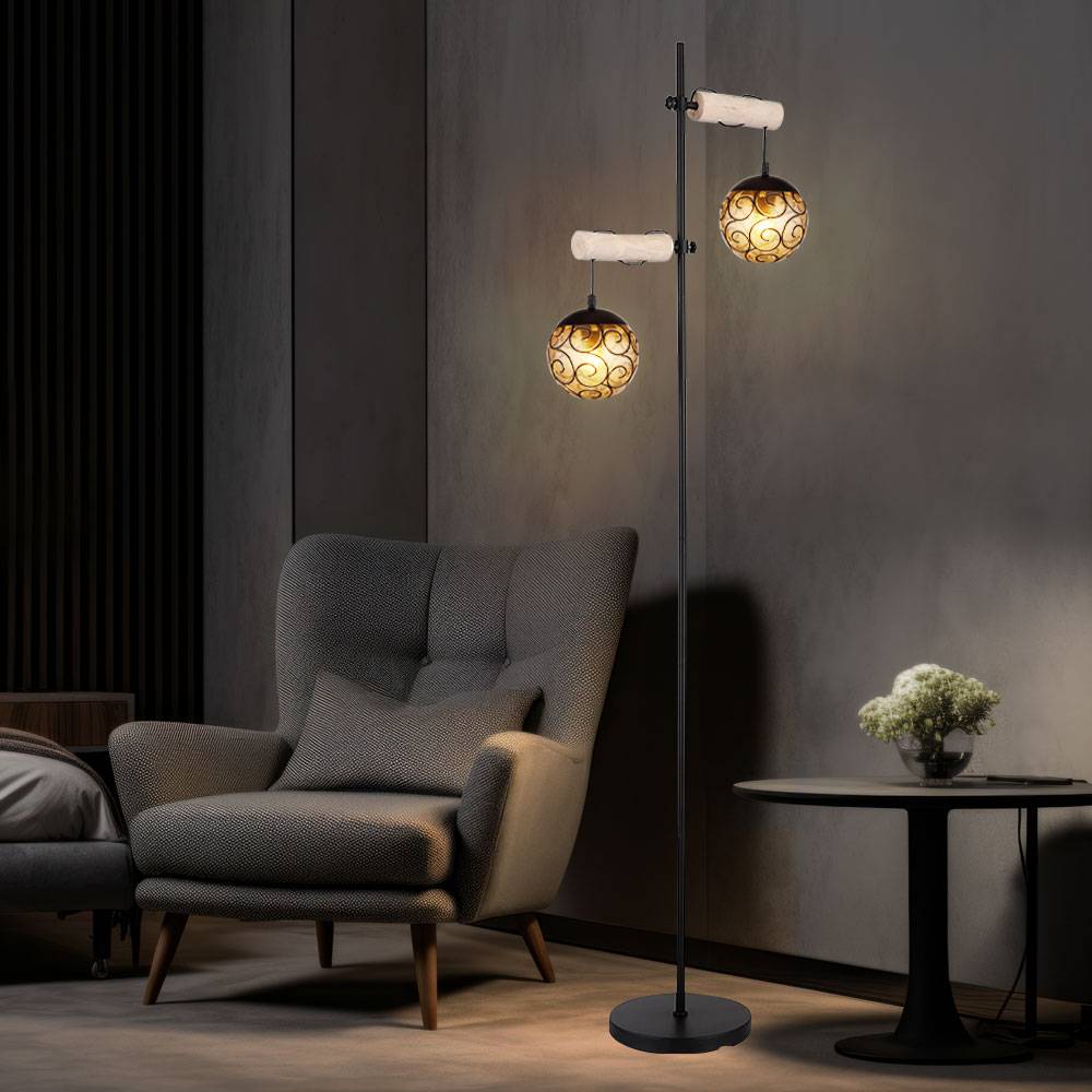 Stehlampe Stehleuchte Standlampe Beistellleuchte Wohnzimmerlampe, Höhenverstellbar, Holz naturfarben Glasschirme amber Metall schwarz, 2x E27