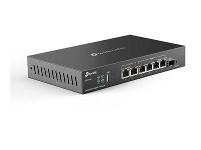 Ein schwarzer TP-Link Netzwerk-Switch mit vier Ethernet-Ports, zwei Anzeigelichtern und Branding auf der Oberseite.
