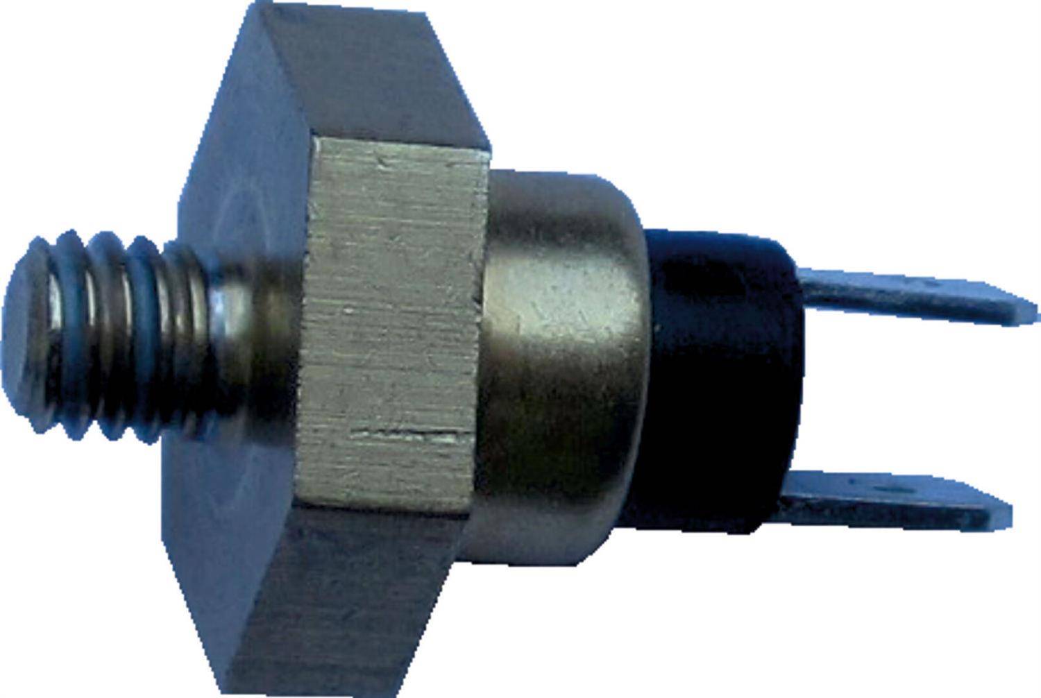 Nahaufnahme eines gewindelierten Metallsensors oder einer Schalter mit zwei elektrischen Stiften und einer Befestigung mit Sechskantmutter.