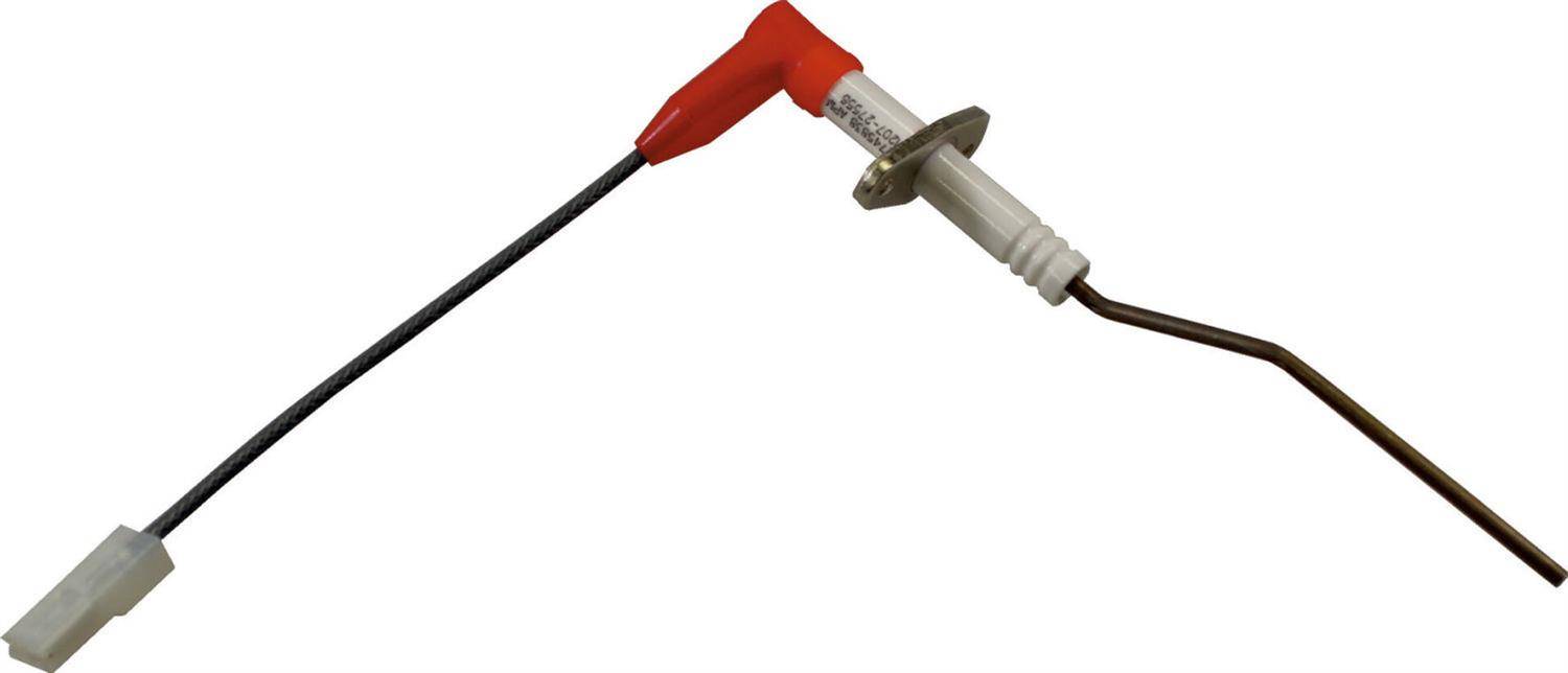Nahaufnahme eines elektronischen Messfühlers oder Sensorkabels mit zwei Metallspitzen und einem weißen Stecker auf einem einfachen Hintergrund.