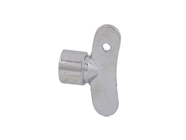 Metallischer Flügelmutte mit einem gewindelten zylindrischen Ende und einem einzelnen Loch in der flachen Lasche, dargestellt auf weißem Hintergrund.