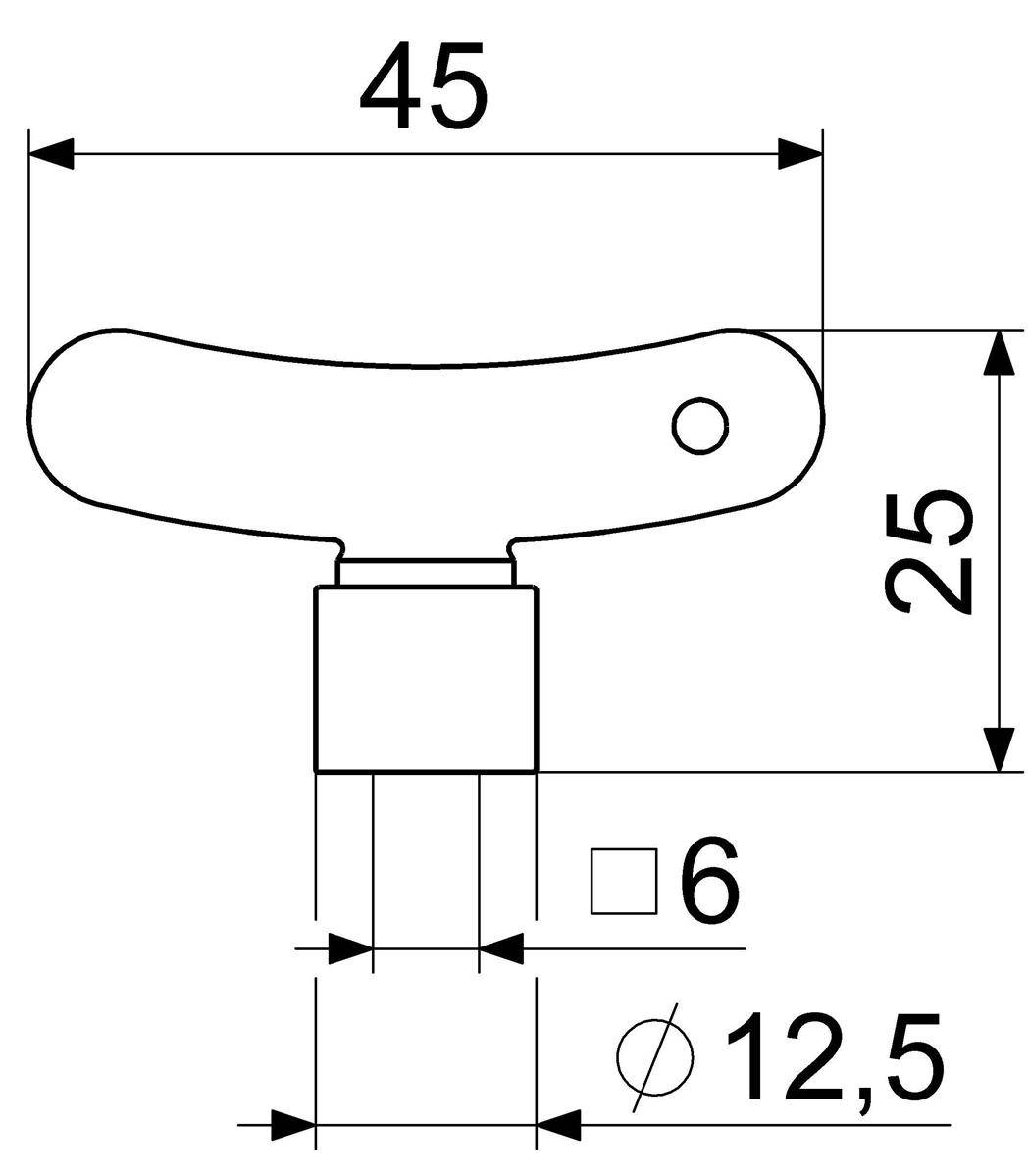 Technische Zeichnung eines T-förmigen Griffs mit Abmessungen: 45 breit, 25 hoch, 6er Vierkantschaft und 12,5 Durchmesser.