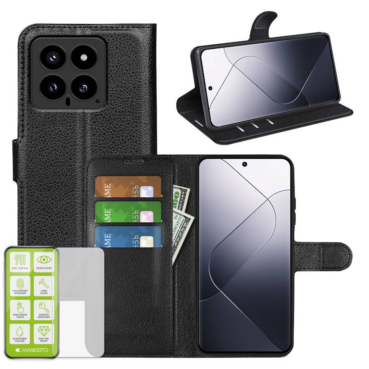 Für Xiaomi 14 Produktset Wallet Handy Tasche Schwarz + H9 Hart Glas