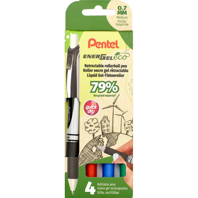 Verpackung für einen Pentel EnerGel Eco Kugelschreiber mit Druckmechanismus, 0,7 mm mittlere Spitze, 79 % recyceltes Material, mit vier Tintenpatronen unten dargestellt.