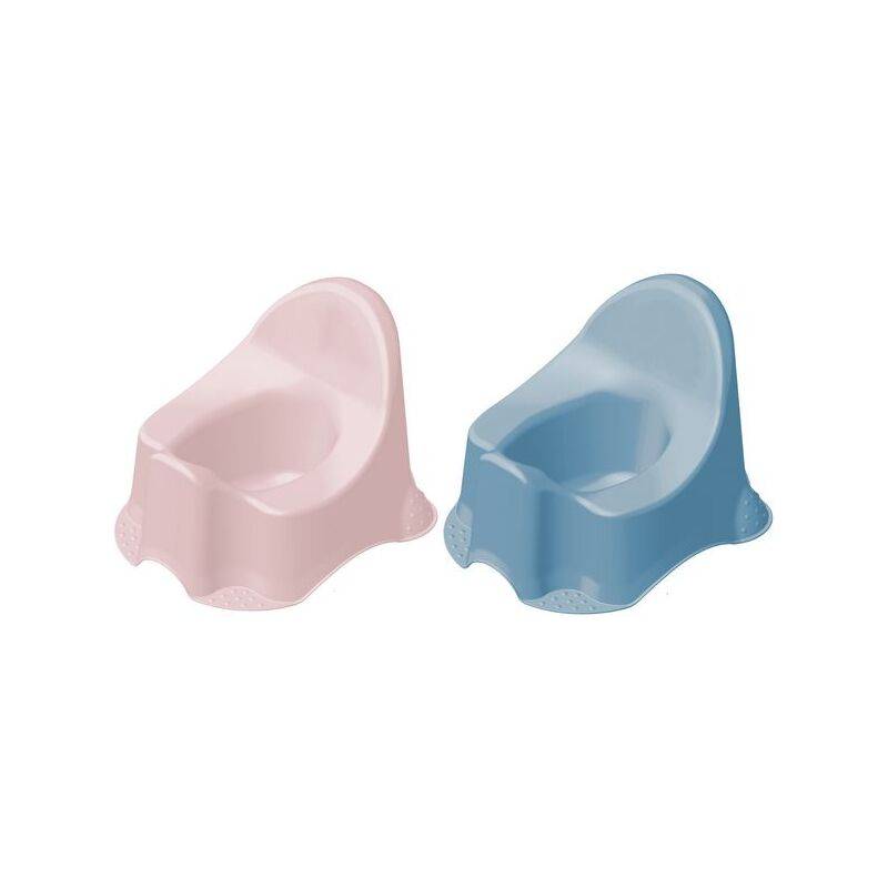 Zwei Töpfchen für Kleinkinder, eines in Rosa und eines in Blau, stehen nebeneinander auf einem weißen Hintergrund. Sie sind klein, robust und haben eine glatte Oberfläche.