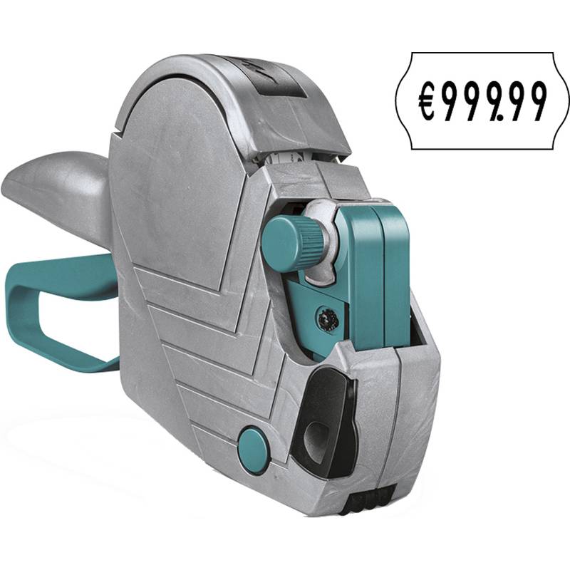 Eine graue und petrolblaue Preisetikettenmaschine mit einem '€999,99' Preisetikette in einem stilisierten Anhänger.