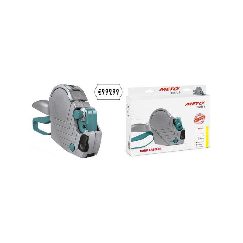 METO Basic S tragbarer Etikettierapparat neben seiner Einzelhandelsverpackung, mit einem Preisschild, das 
