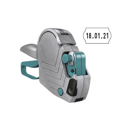 Ein tragbarer Etikettiergerät oder Klebebandspender mit Teal-Akzenten, auf weißem Hintergrund dargestellt, mit dem Text „18.01.21