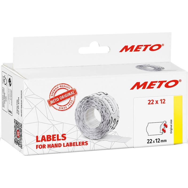 METO Markenkarton mit Etikettiergerät-Etiketten, zeigt eine Rolle weißer Etiketten und Größe 22 x 12 mm auf der Verpackung.