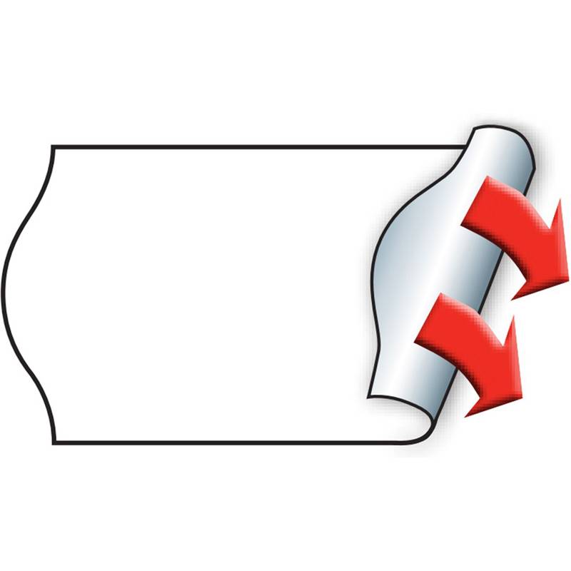 Eine Darstellung einer Etikette, die von einer Oberfläche abgezogen wird, mit zwei roten Pfeilen, die die Richtung des Abziehens anzeigen.