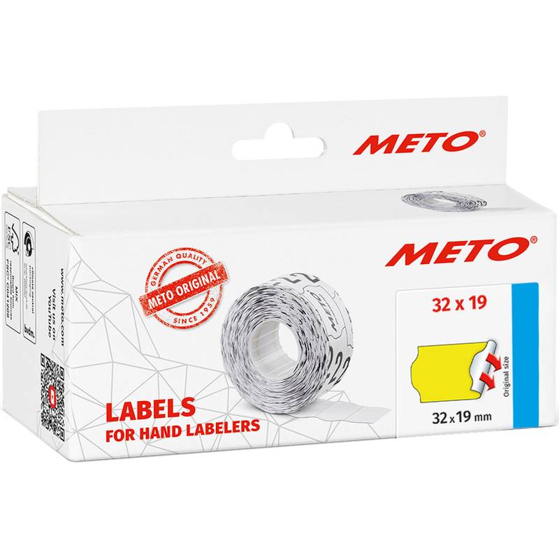 Kasten mit METO Handetikettierer-Etiketten, Größe 32 x 19 mm, zeigt eine Rolle weißer Etiketten und Produktverpackung.