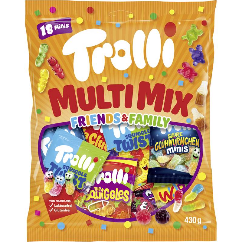Eine leuchtend gelbe Tüte Trolli 'Multi Mix Friends & Family' Gummibärchen, die verschiedene bunte Gummiformationen zeigt und das Gewicht von '430g' aufweist.