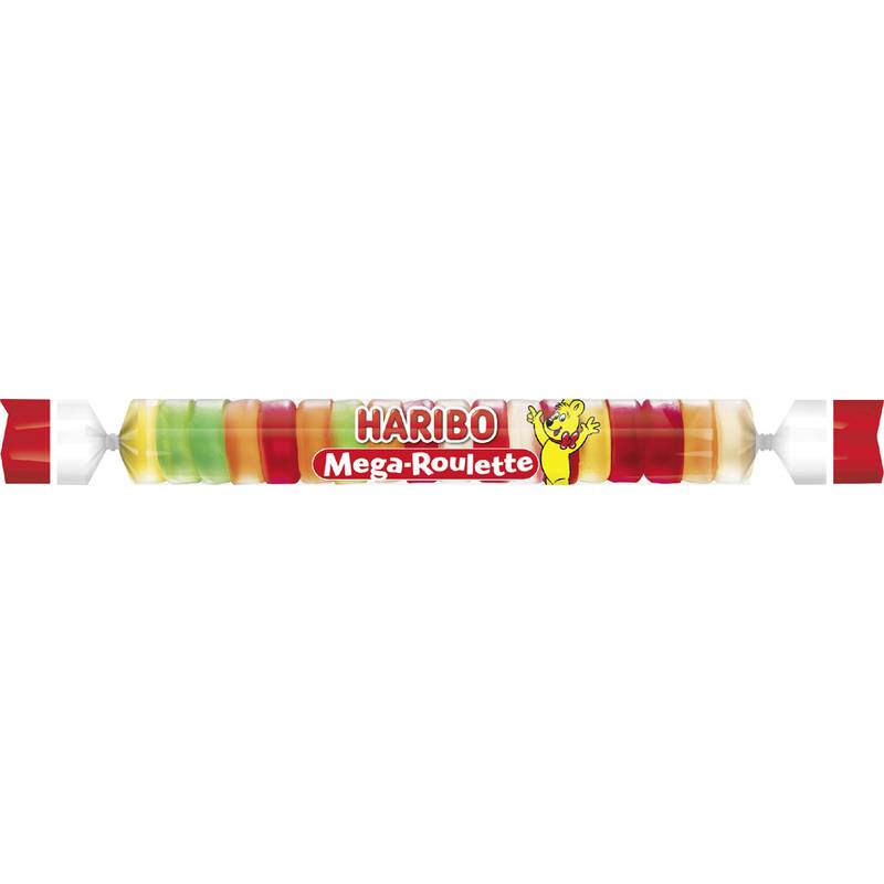 Haribo Mega-Roulette Bonbonrolle mit bunten Gummibonbons in einer transparenten Verpackung auf weißem Hintergrund.