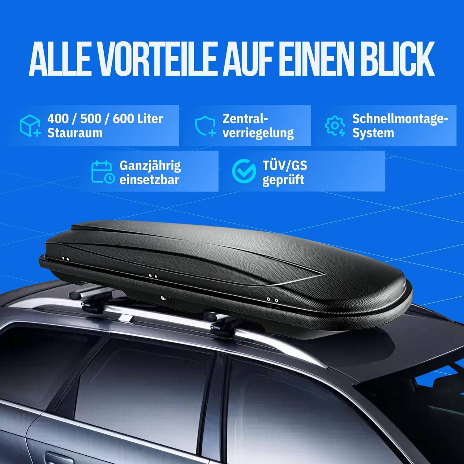 Dachbox VDP Xtreme 600 schwarz Dachkoffer 600 Liter Autokoffer abschließbar