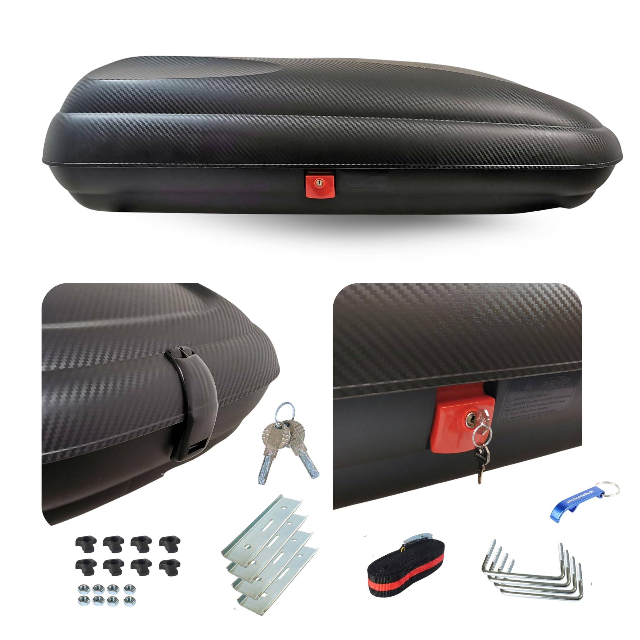 Dachbox VDP-BA480 - Dachkoffer mit 480 Liter Volumen - Autokoffer im Carbonlook - abschließbar dank Zentralverriegelung - Dachkoffer für Dachgepäck