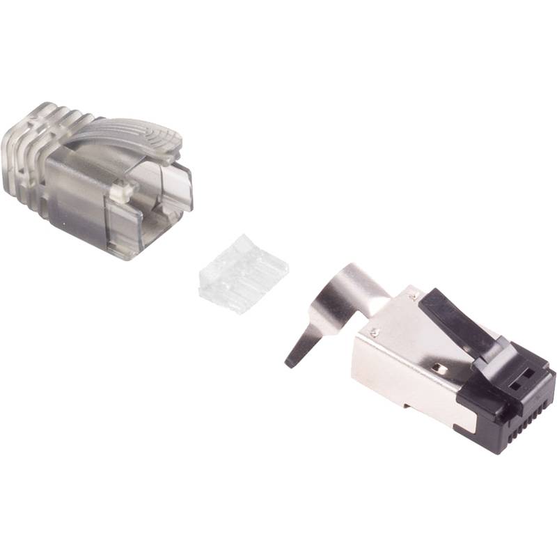 Zwei Teile eines modularen RJ-45-Steckverbinders: eine graue Plastikkappe links und ein metallfarbener Stecker mit schwarzer Schnappdeckung rechts.