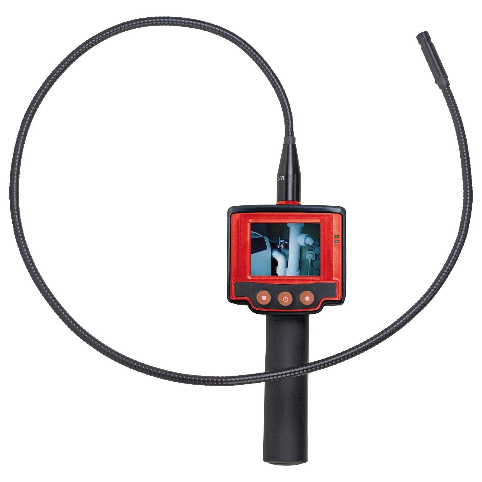 Eine mobile Inspektionskamera mit einem flexiblen Sonde und einem Bildschirm, der eine Innenansicht einer Rohrleitung anzeigt.