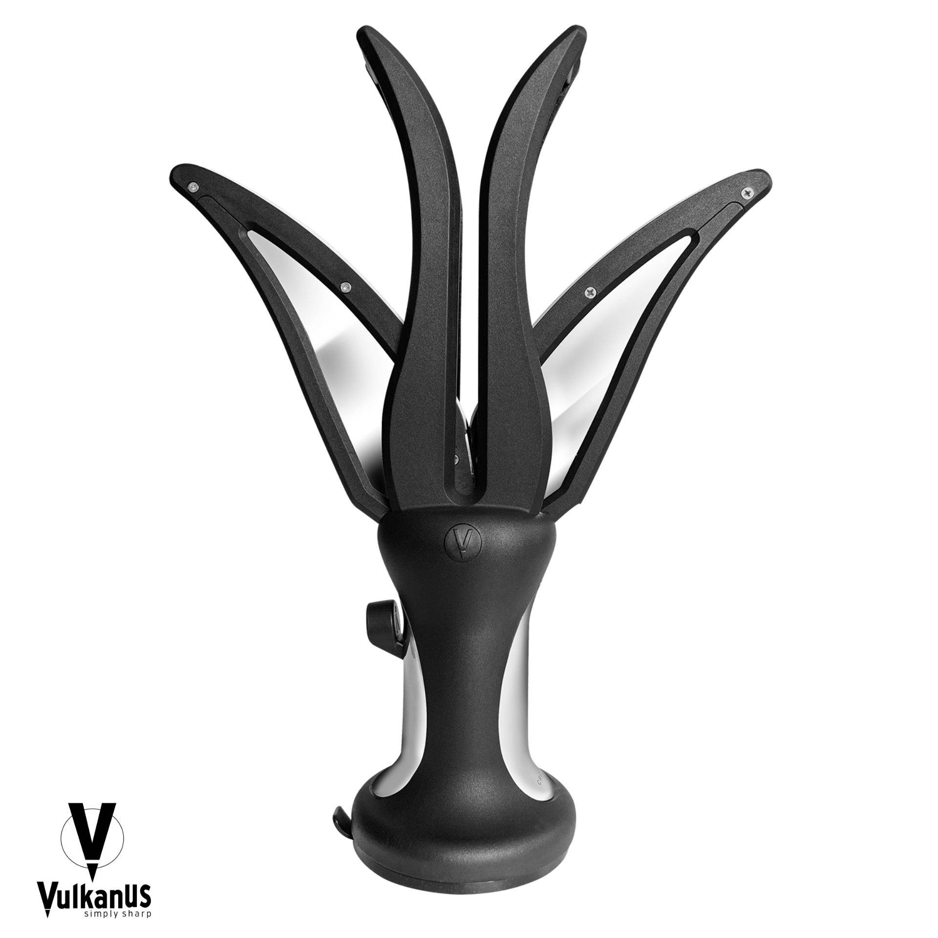 Ein schwarzer und silberner Messerschärfer mit schlankem, modernem Design und flexiblen Armen. Logo „Vulkanus