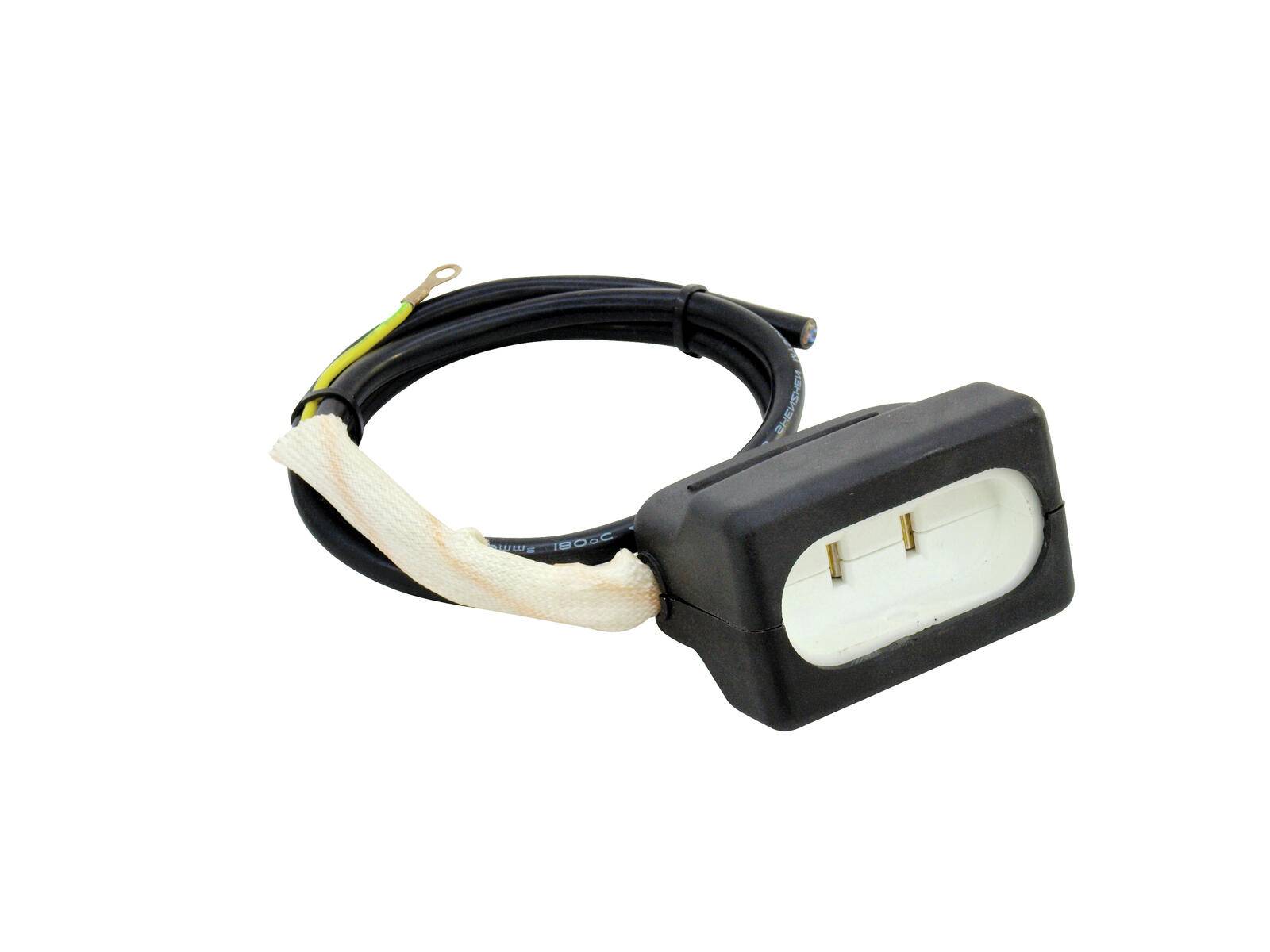 Ein schwarzes Kabel mit einem zweiadrigen Stecker an einem Ende, geeignet für Stromverbindungen. Das Kabel verfügt über eine Schlaufe für die Erdung.