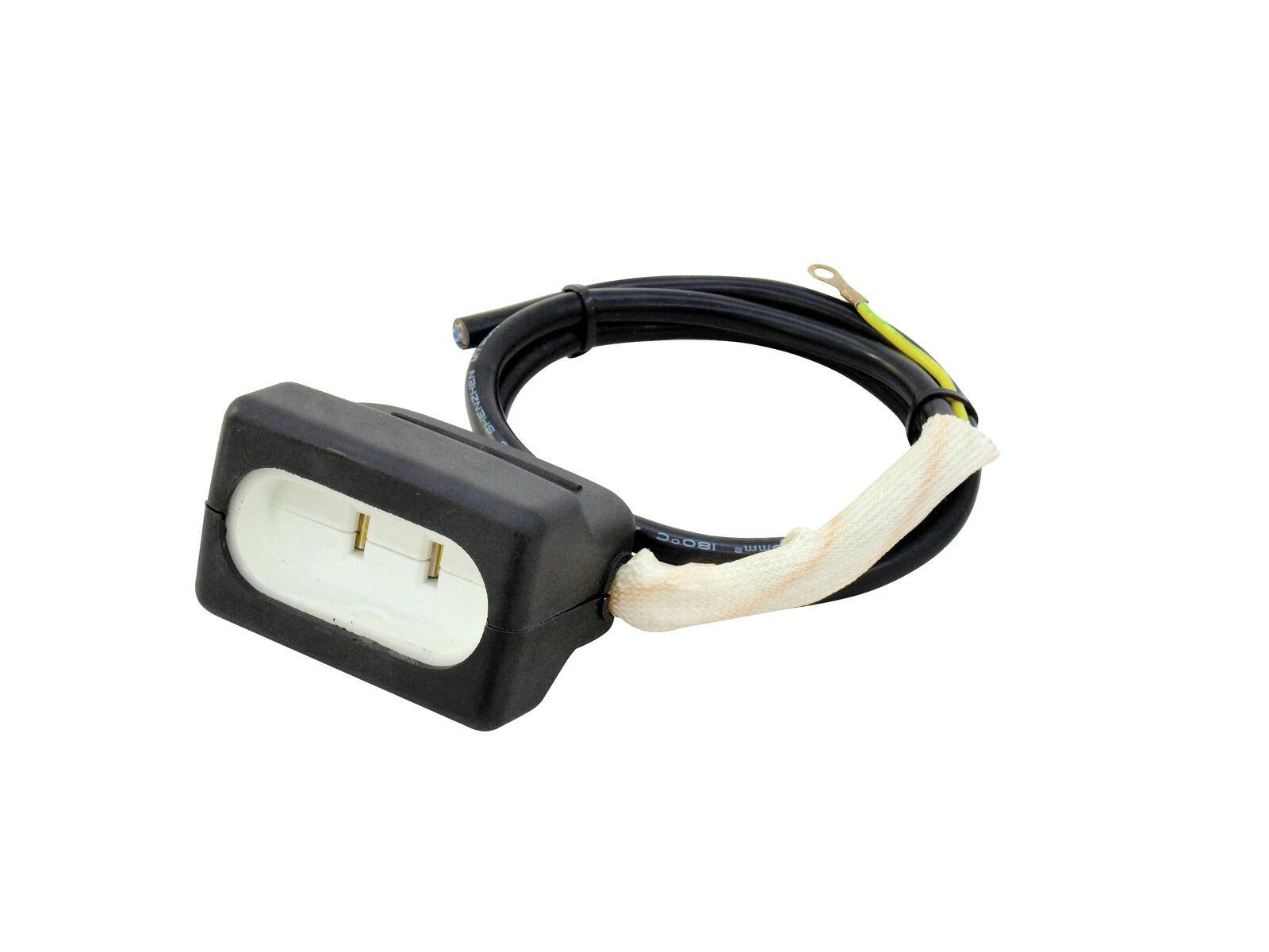 Ein Nahaufnahmefoto eines elektrischen Anschlusses mit angeschlossenem schwarzem Kabel und freiliegenden Drähten.