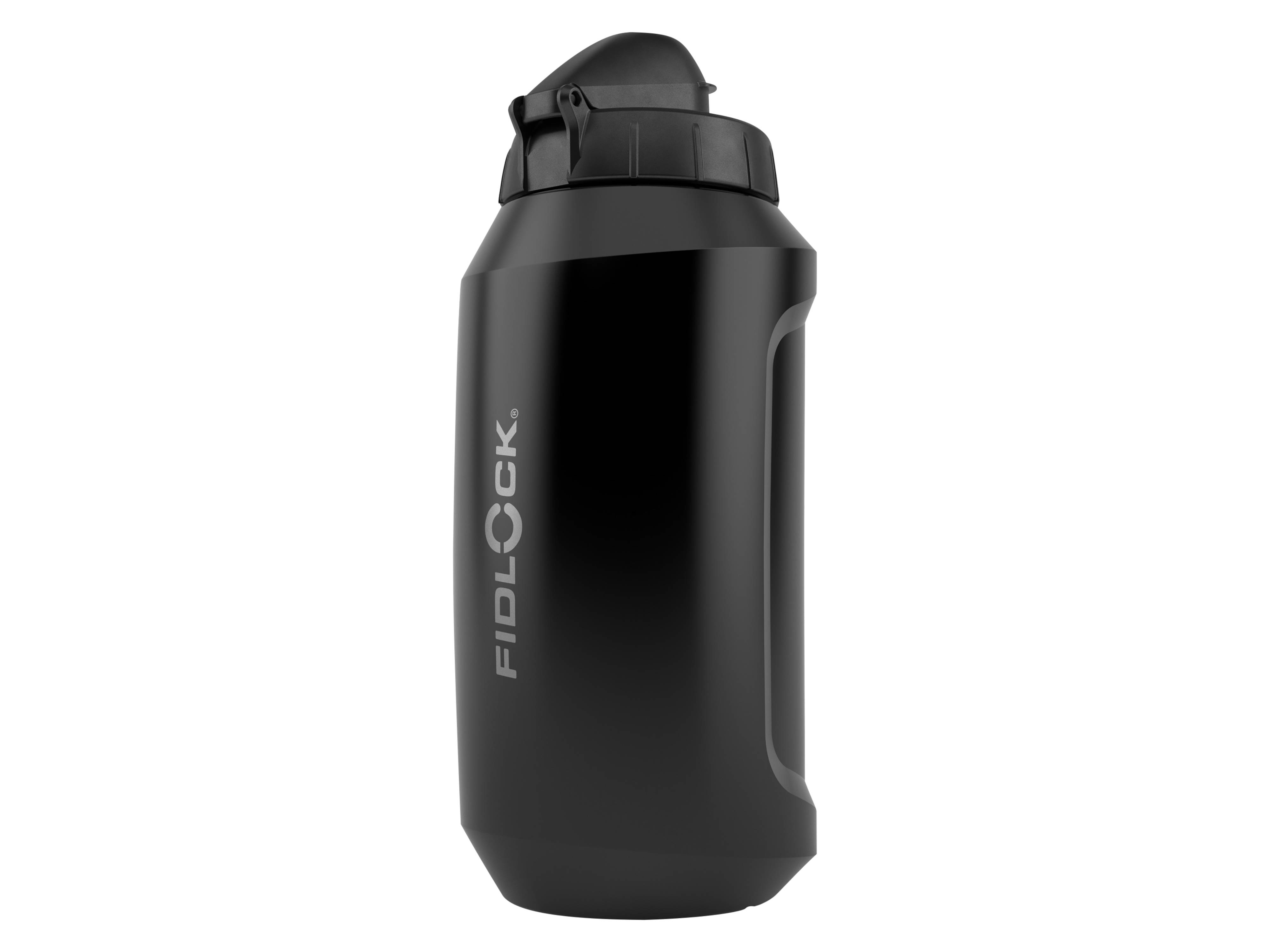 Eine schwarze Fidlock-Wasserflasche mit sicherem, Drehverschluss-Kappendesign, die eine schlanke, ergonomische Form für einfache Handhabung und Transport bietet.