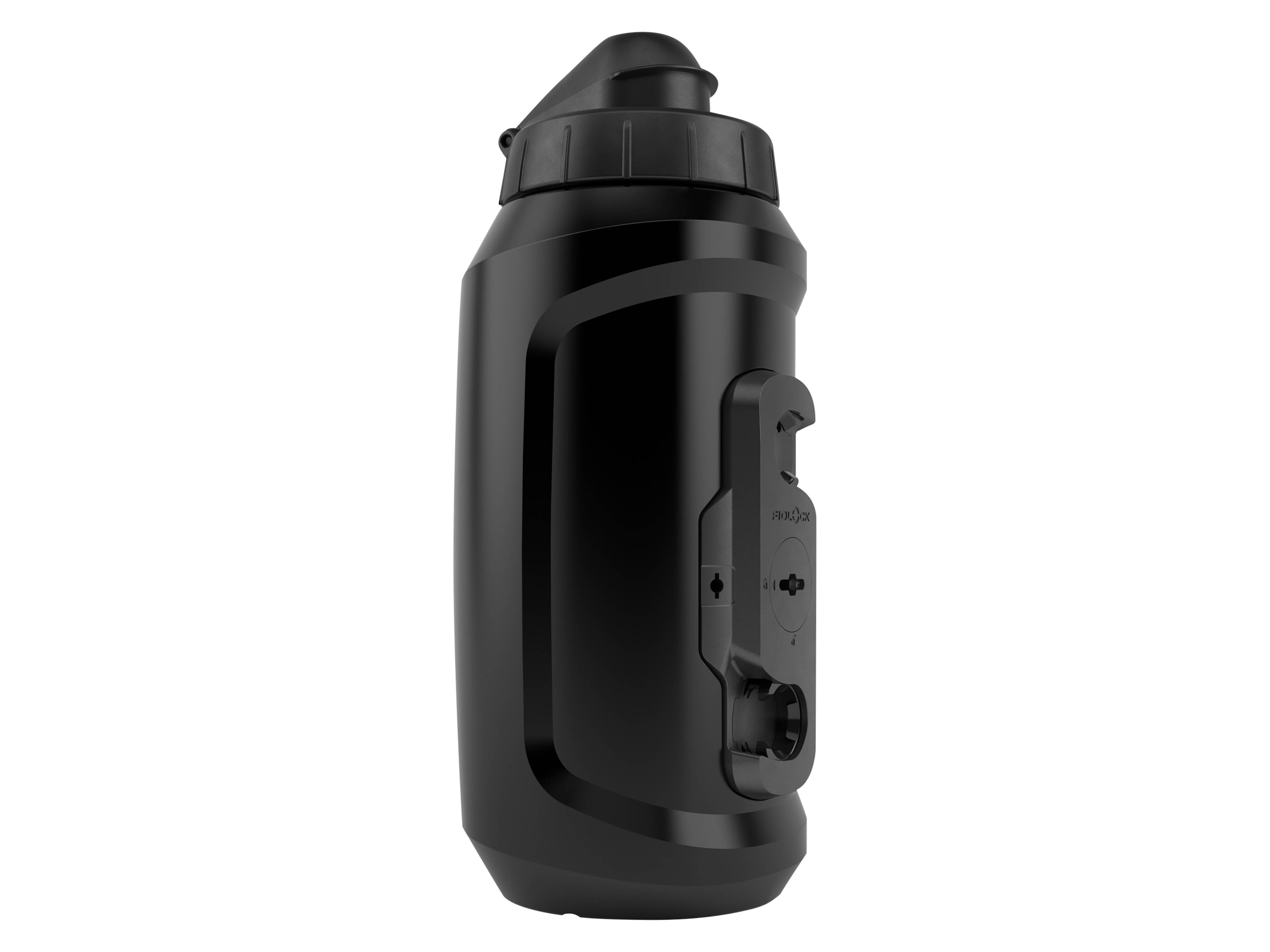 Eine schwarze, elegant aussehende Wasserflasche mit einem Seitengriff und einem Klappdeckel, entworfen für einfaches Transportieren und Trinken.