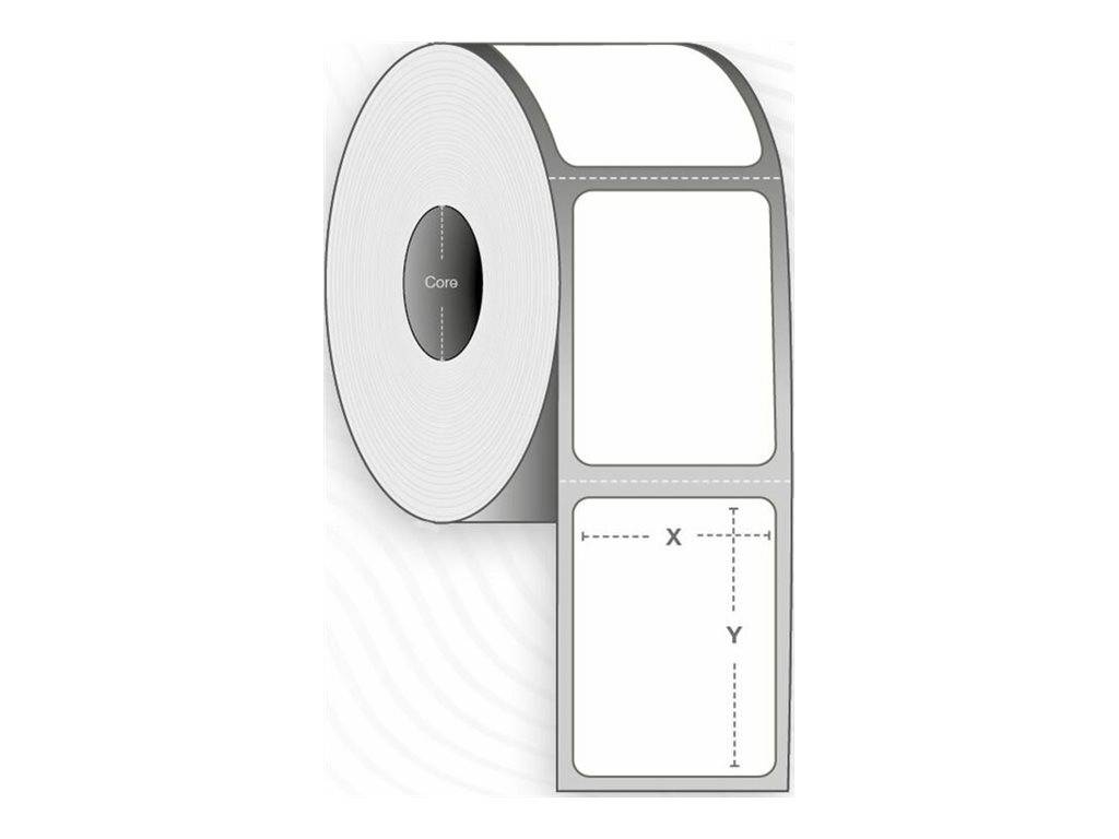 Diagramm eines Etikettenspendenausgebers mit der Rolle oben und zwei Etikettenpanelen unten, gekennzeichnet mit den Abmessungen X und Y.