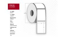 Produktspezifikationsbild einer Rollenetikette, das ihren Artikelcode und ihre Abmessungen zeigt, mit einer 3D-Illustration der Etikettenrolle und eines rechteckigen Etikettenblatts.