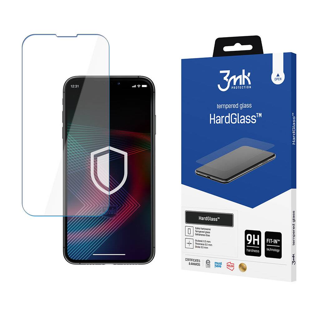 Ein Telefon mit einer schützenden Glasschutzfolie und deren Verpackung, gekennzeichnet mit „3mk Protection HardGlass