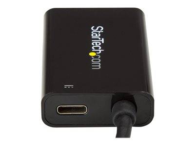 Ein rechteckiger schwarzer Adapter mit dem 'StarTech.com' Logo auf der Oberseite, einem HDMI-Anschluss und einem angeschlossenen schwarzen Kabel.