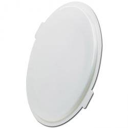 Ein runder, weißer Kunststoffdeckel mit glatter Oberfläche und kleinen Seitenlaschen zum leichten Öffnen.