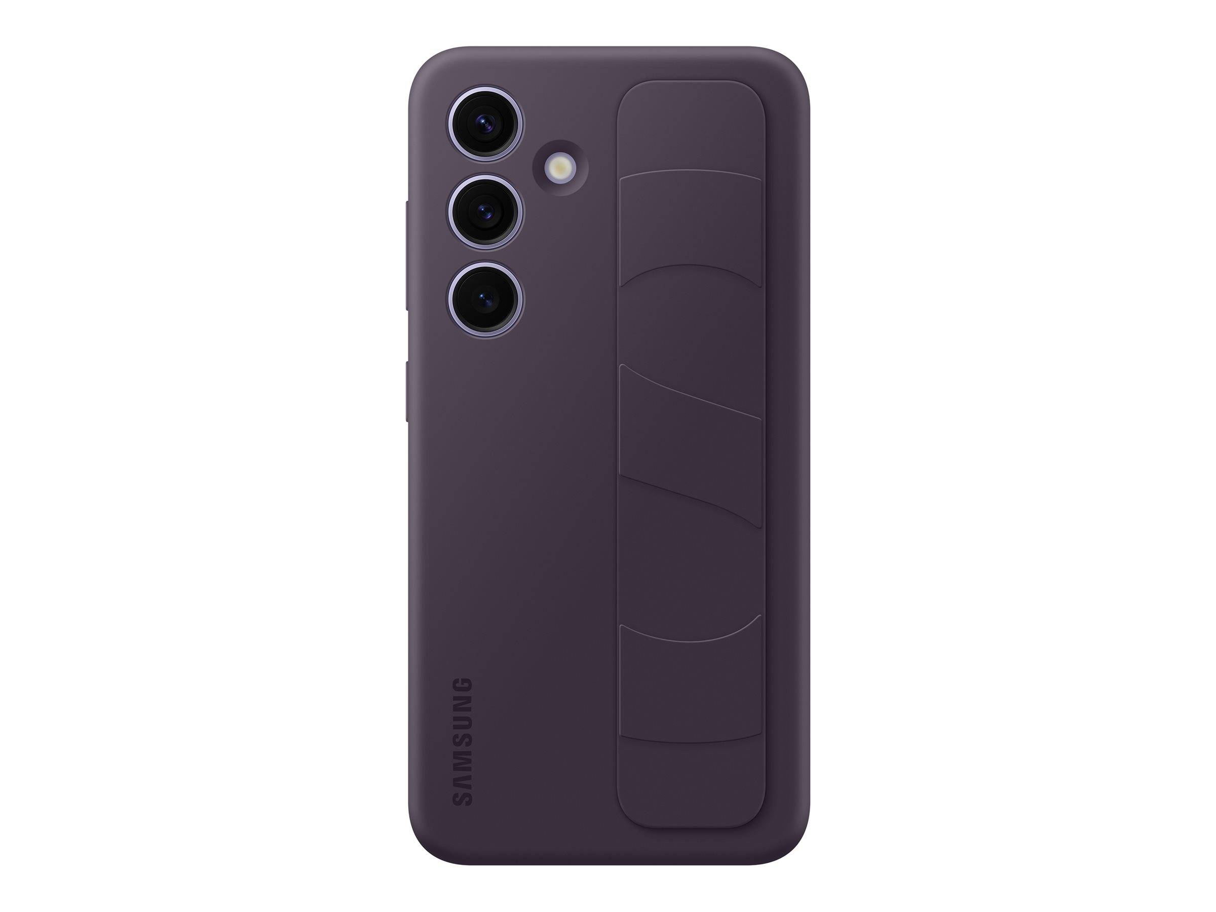 Violette Samsung-Smartphone-Schutzhülle mit drei Kameraaussparungen und einem erhöhten Griffstreifen auf der Rückseite.