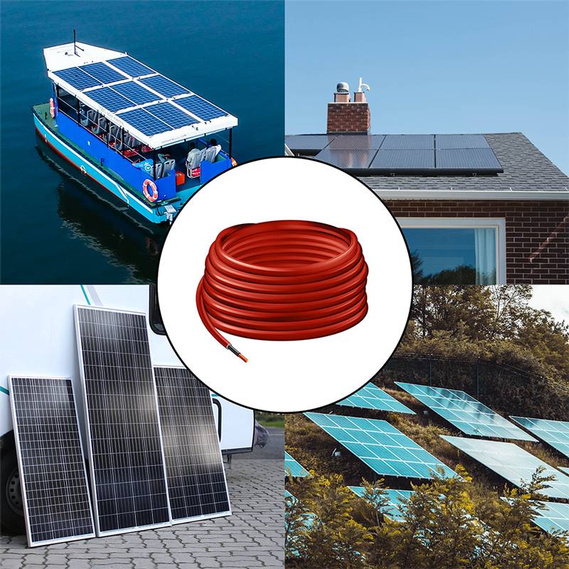 Collage aus Solarpanelen auf einem Dach, einem schwimmenden Solarboot, bodengestützten Paneelen und einer Spule rotes Stromkabel in der Mitte.