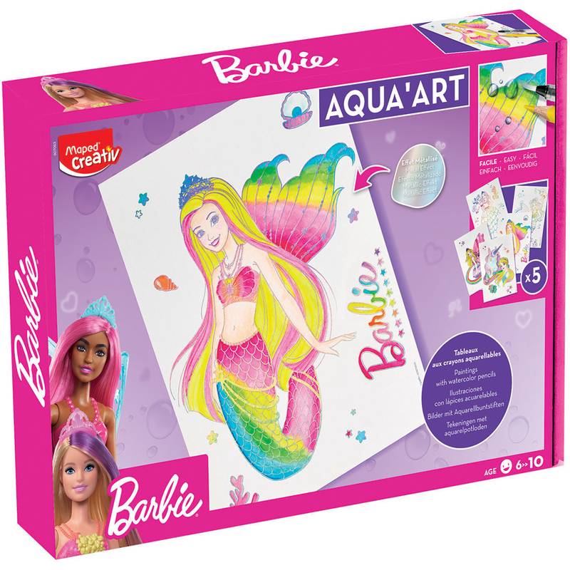 Barbie Aqua'Art Wasserfarben-Set in einer Box mit einem Regenbogen-Meerjungfrau-Bild, fünf Aktivitätsblättern und für das Alter 6 bis 10 Jahren.