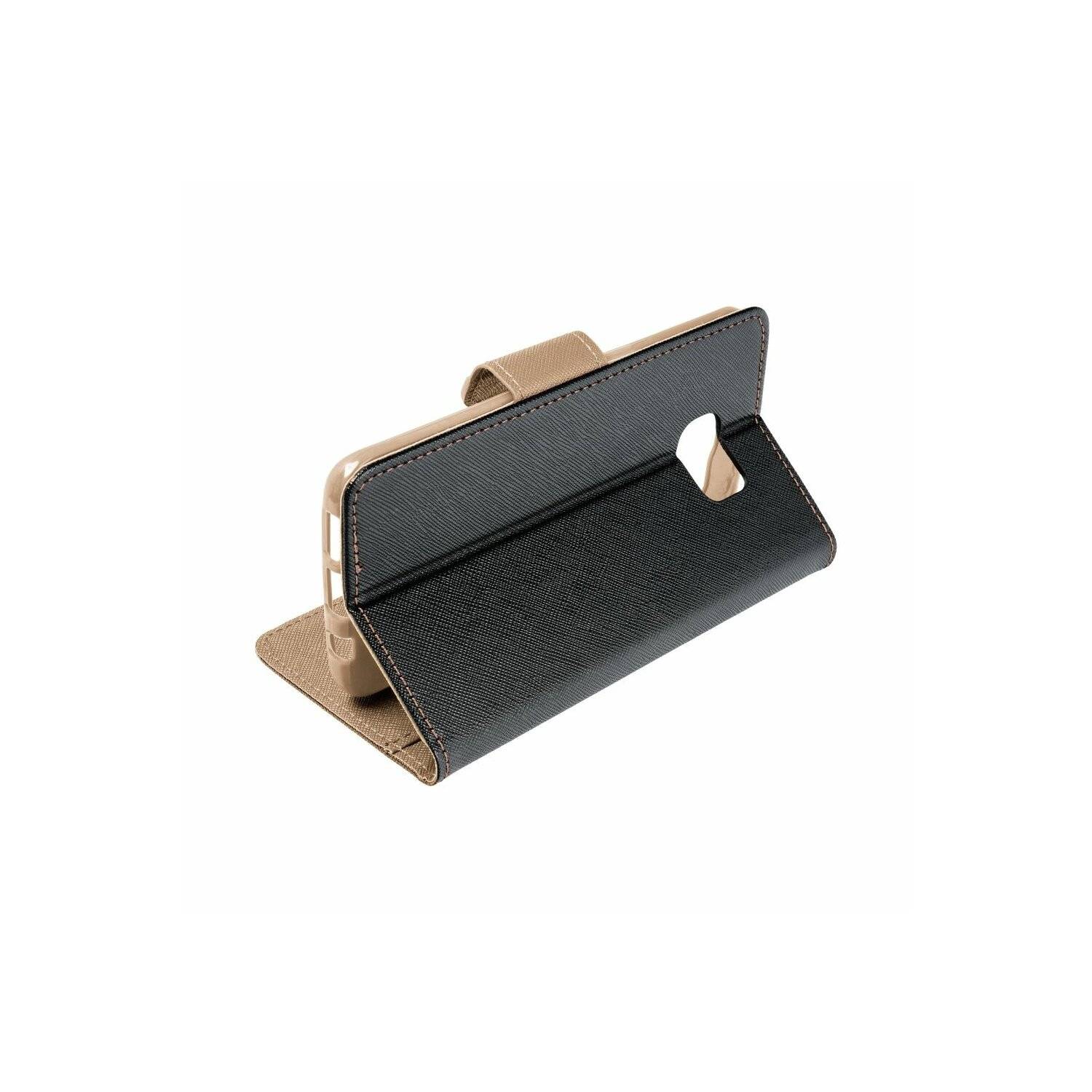 Buch Tasche "Fancy" kompatibel mit SAMSUNG GALAXY S24 PLUS Etui mit Standfunktion, Kartenfach Schwarz-Gold